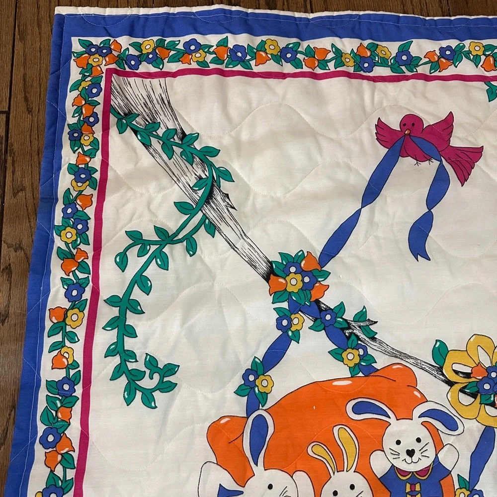 Vintage 80s 90s Baby Quilt 3 Bunnies in a Basket 31x41” Stains See Pictures